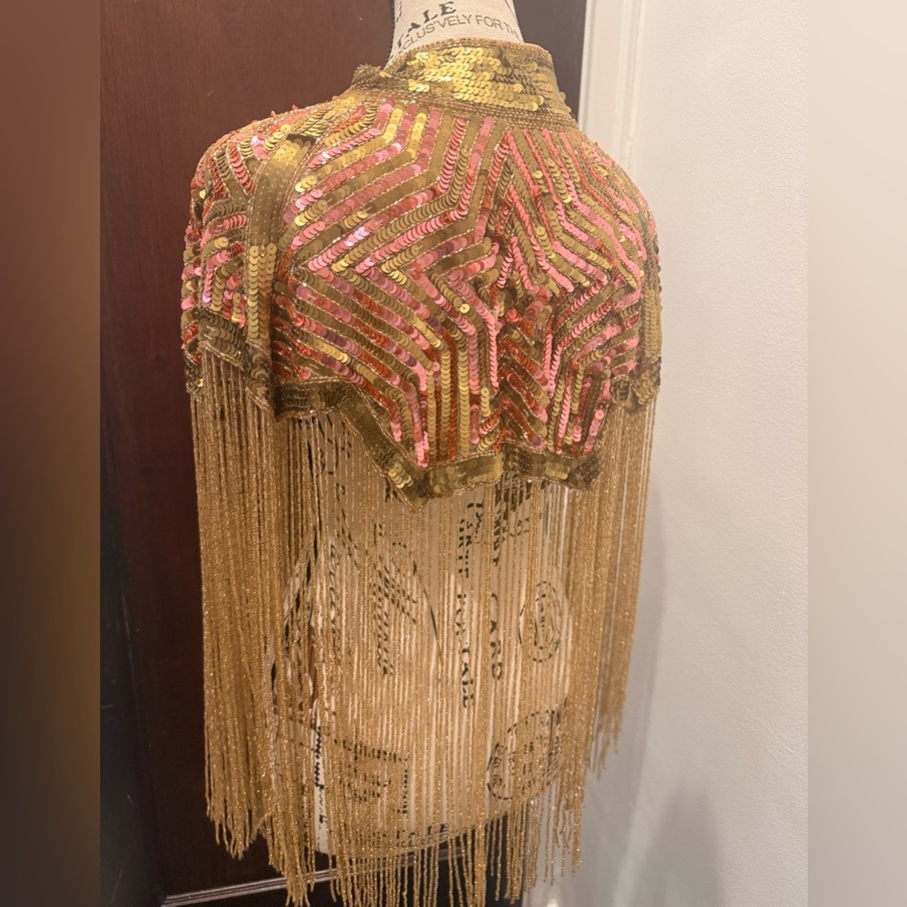 Gold and Pink Sequin Fringe Cape